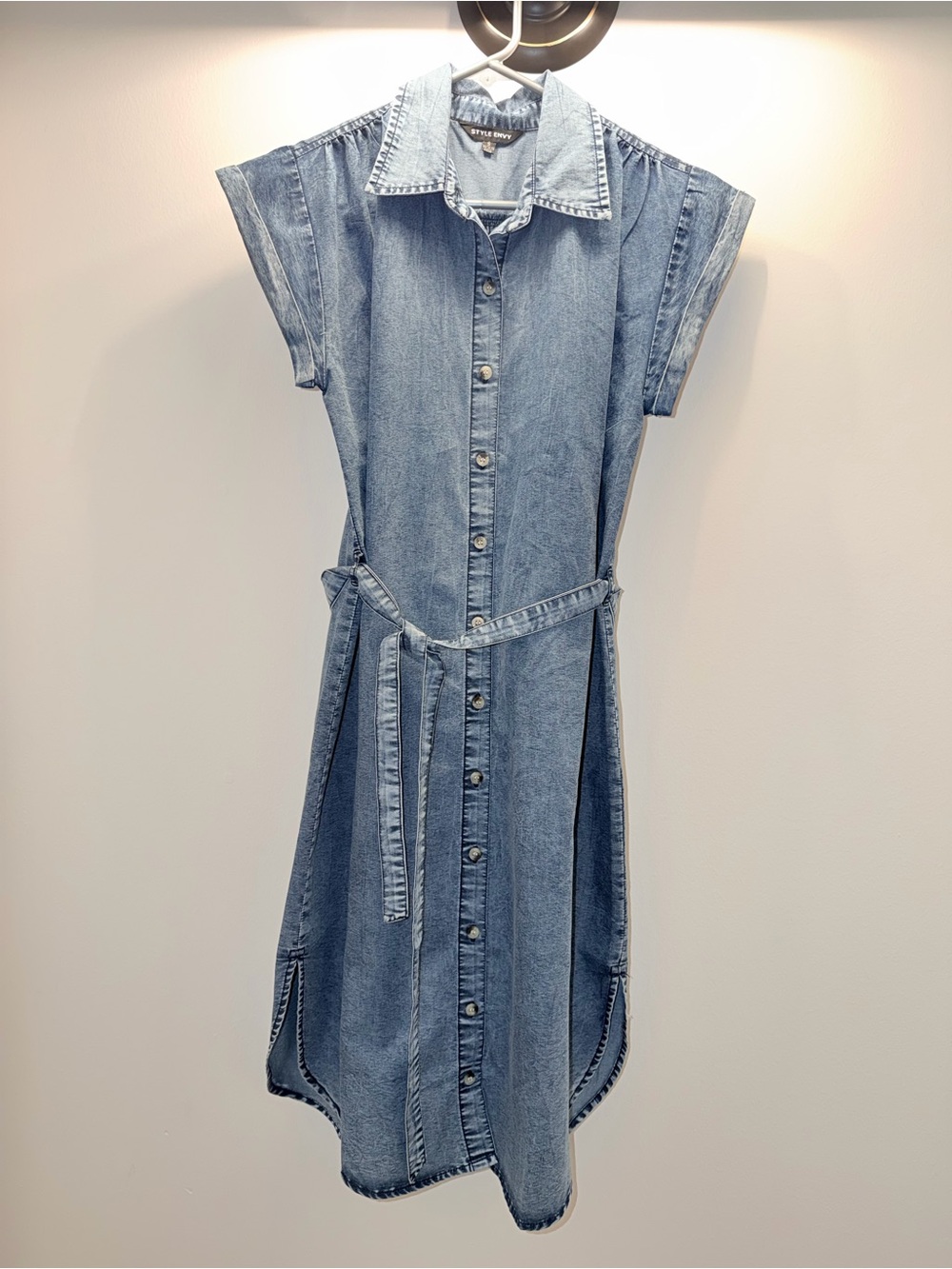 Style Envy Light Blue Denim Midi Shirt Dress with Tie Belt